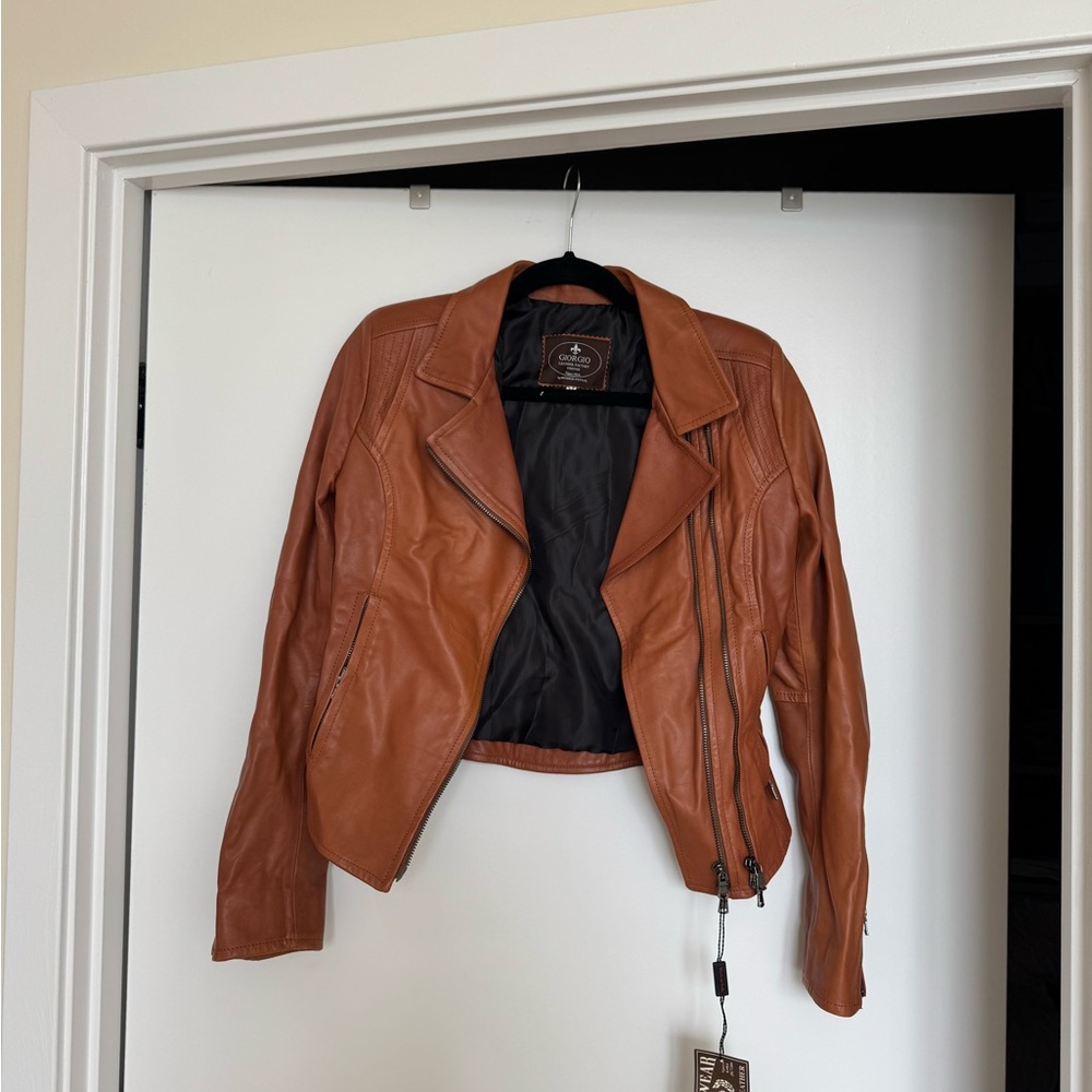 Genuine Brown Leather Moto Jacket from Florence Italy